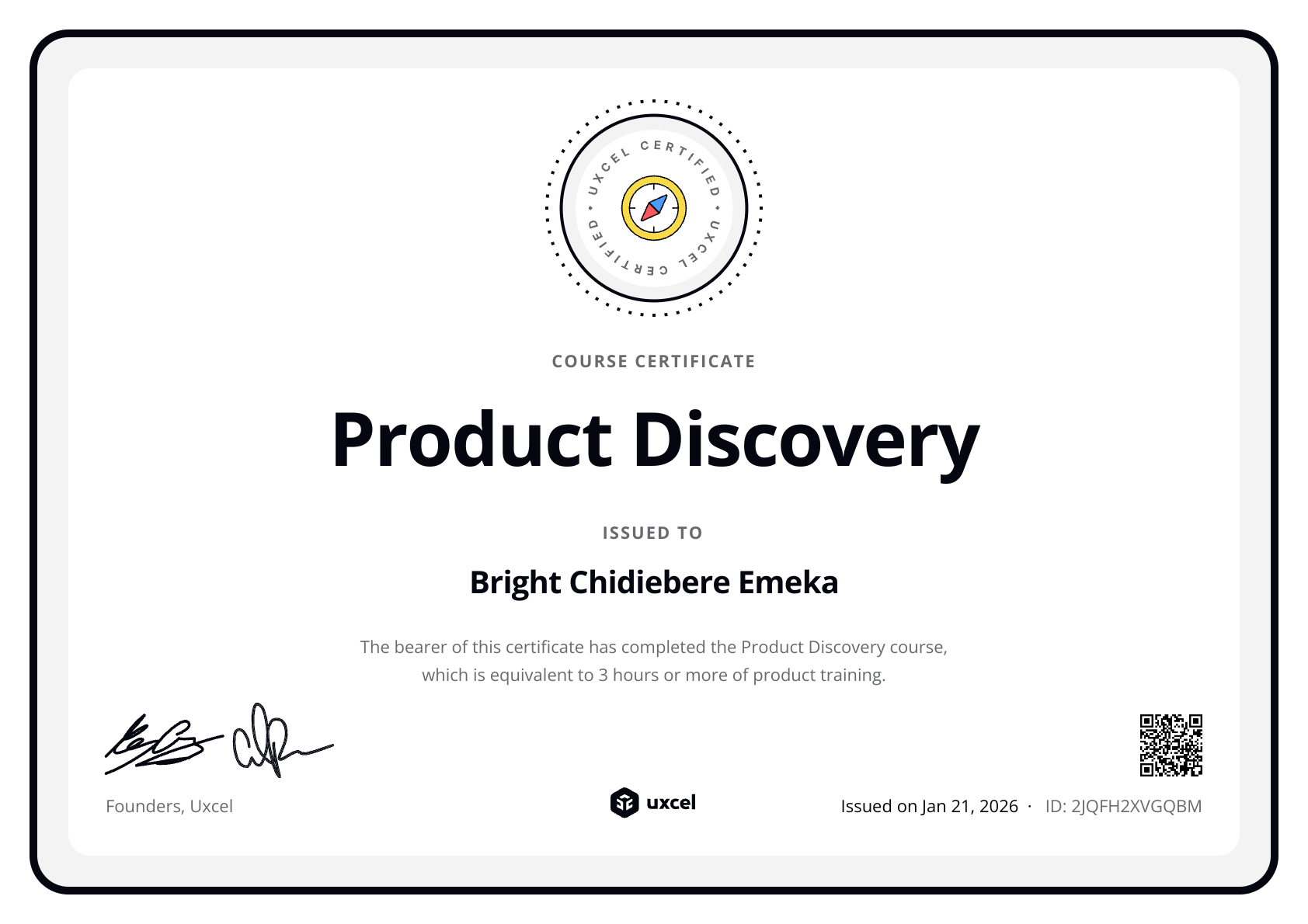 Bright Chidiebere Emeka's certificate